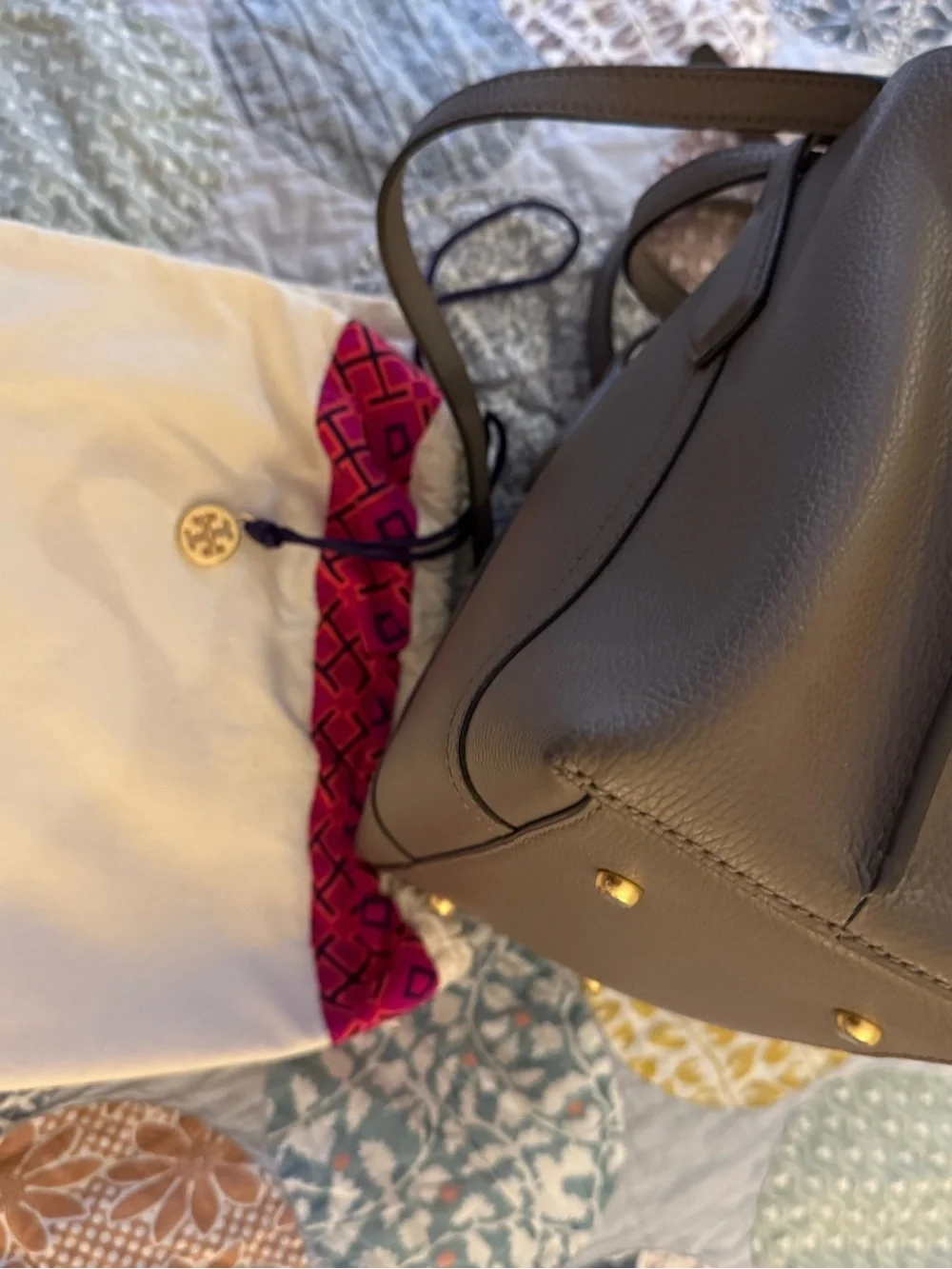 Tory Burch Taupe Pebbled Leather Mini Tote with Gold Hardware